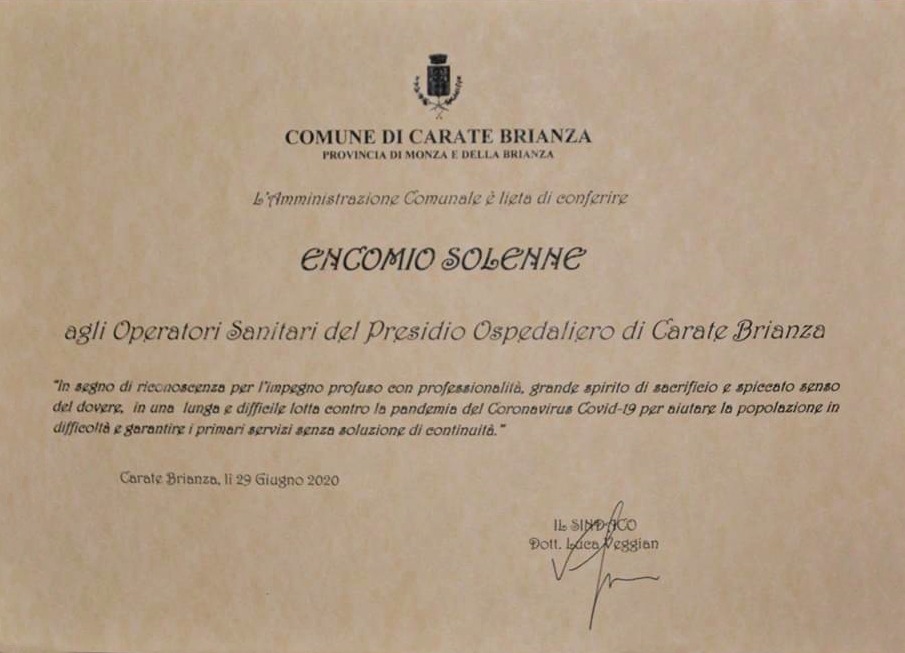 Encomio Solenne per l'impegno durante l'emergenza COVID-19